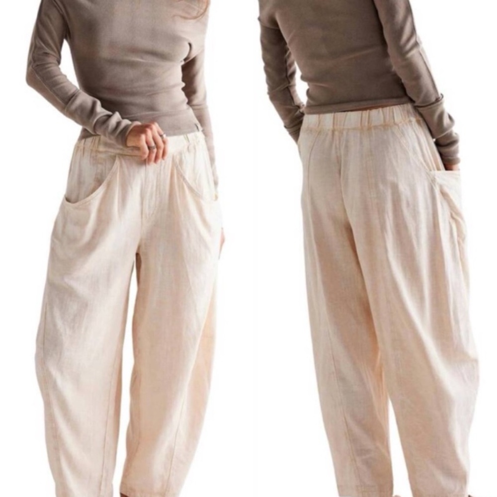 Free People Cream Wide-Leg Elastic Waist Pants